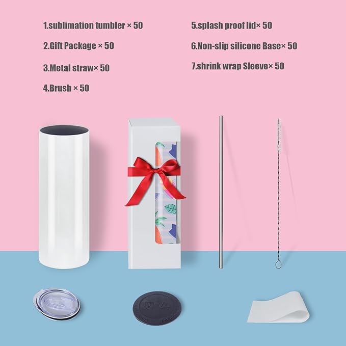 50 Pack 20oz Flat Edge Sublimation Tumblers Bulk, Sublimation Tumbler Blank, Skinny Straight Stainless Steel Blanks Cups with Individual Box (50, 20OZ FLAT EDGE)