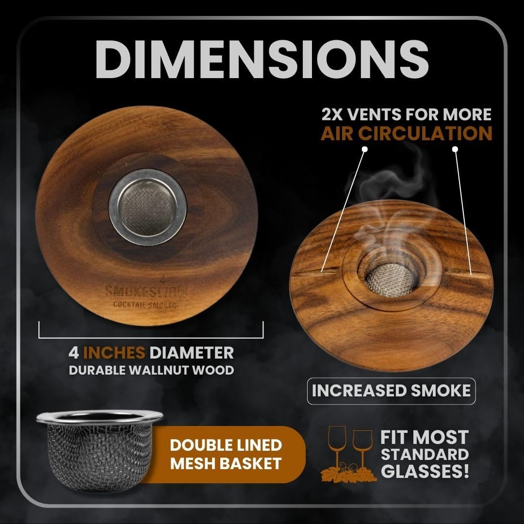 Premium Walnut Wood Cocktail Smoker with One 4 oz Tin of Wood Chips. Great for Whiskey & Old Fashion. Coated in Safe Food Natural Beeswax, Non-toxic Top by Smokeshow (Cherry)