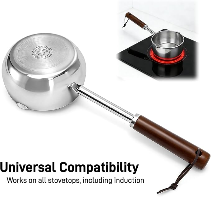 Mini Milk Warmer Pot, 15 OZ/450 ml Stainless Steel Melting Pot, Hot Oil Pan with Wood Handle, Dual Spouts Small Saucepan for Seafood Butter Chocolate Cooking Restaurant Kitchen Camping