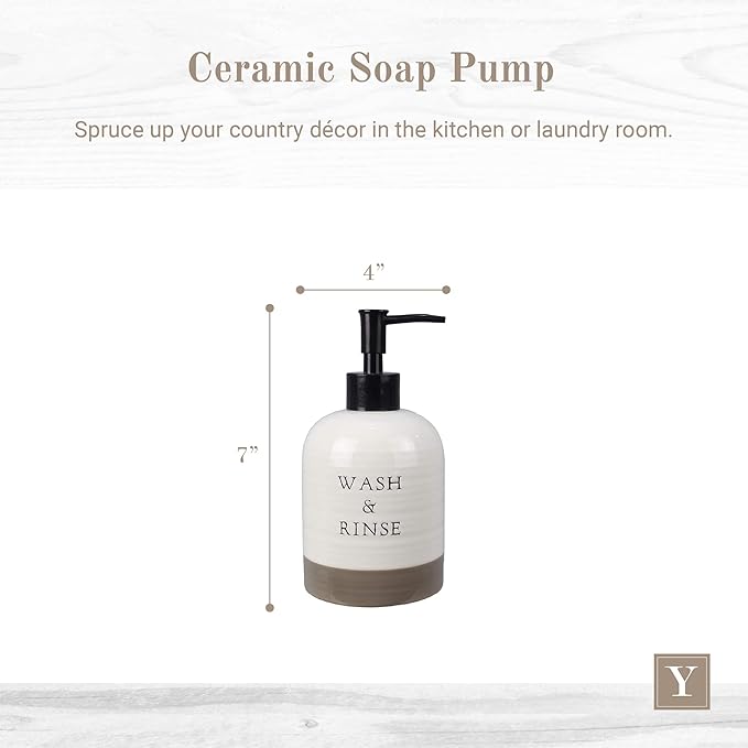 Young's Inc Farmhouse Soap Dispenser, Decorative Dish and Hand Soap Dispenser for Country Bathroom and Kitchen Counter, White, 7 Inches