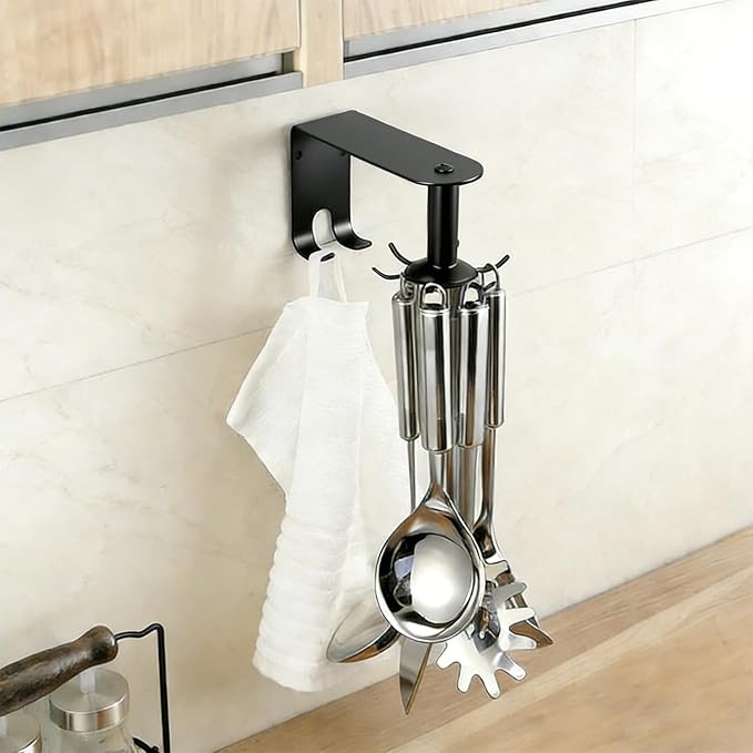 Kitchen Utensil Hanger, Metal Steel Utensil Hooks 360° Rotatable Utensil Rack Wall Mounted with 10 Hooks for Cabinet Kitchen Bathroom