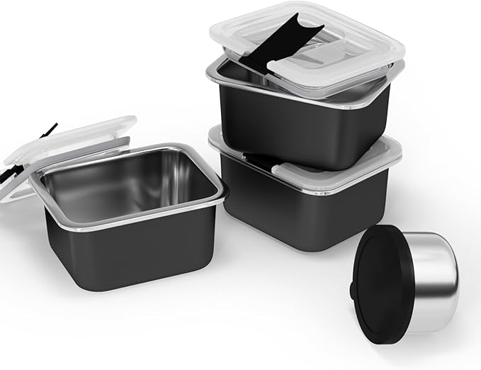Bakpoco Stainless Steel Snack Lunch Containers for Kids, 3 Packs 12 oz Leak-Proof Lunch Box Containers, Microwave-Safe, Convenient Metal Small Food Storage Container with Lid for School, Work