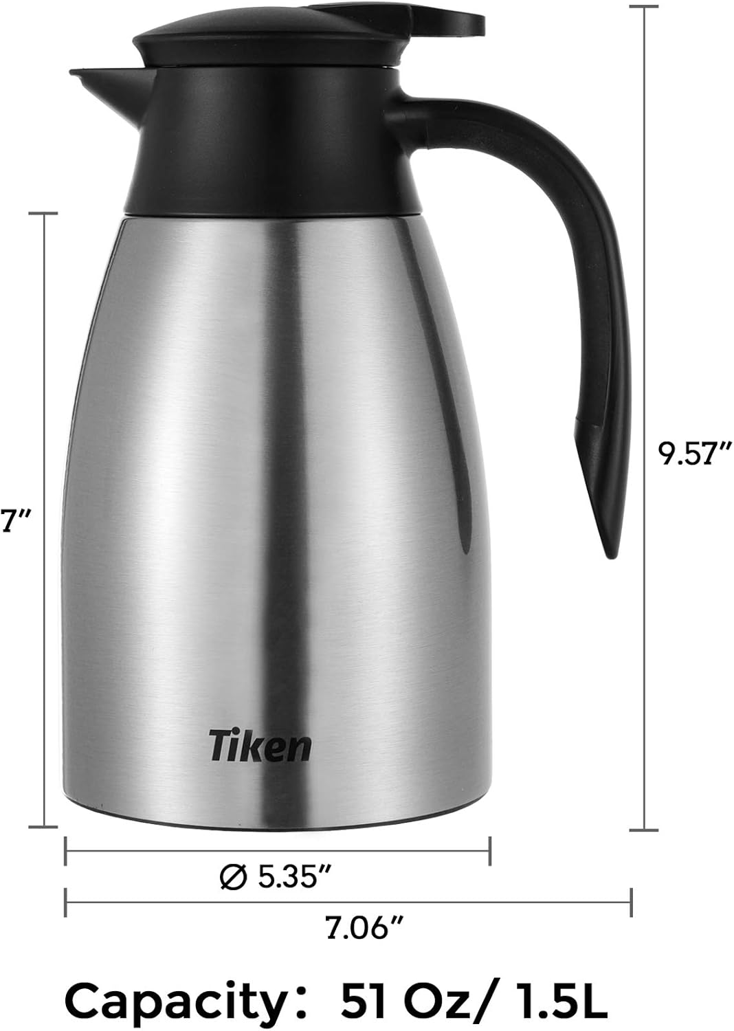 Tiken 51 Oz Thermal Coffee Carafe, Stainless Steel Insulated Vacuum Coffee Carafes For Keeping Hot, 1.5 Liter Beverage Dispenser (Silver)