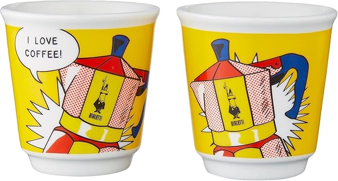 Bialetti - Mini Express Lichtenstein: Moka Set includes Coffee Maker 2-Cup (2.8 Oz) + 2 shot glasses, Yellow, Aluminium