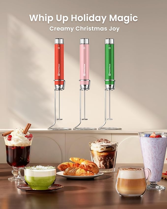 Maestri House LunaFro Max Rechargeable Milk Frother with Stepless Speed Control, Handheld Electric Foam Maker with Stand and Detachable Whisks for Lattes, Ideal Christmas Gift, Dusty Rose