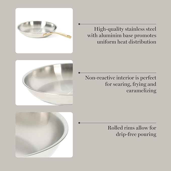 Martha Stewart Castelle 12-Inch Stainless Steel Frying Pan with Gold-Tone Handle – Tri-Ply Encapsulated Bottom, Oven Safe & Induction Safe Skillet for Searing and Sautéing