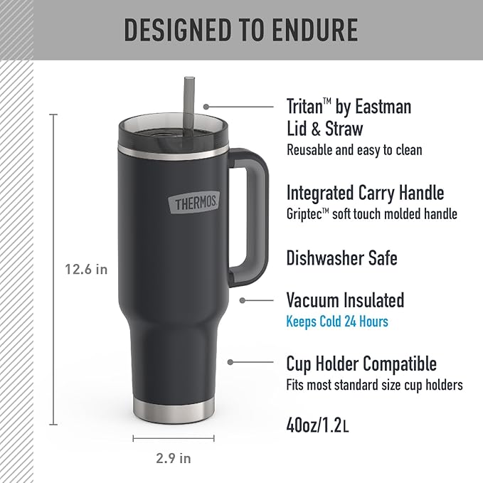 THERMOS Stainless Steel Cup Holder Mug - 40 Ounce, Granite - Insulated Tumbler with Lid and Straw, Plus Leak-Resistant Slide Lock