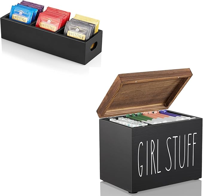 DRASTAR Tea Bag Organizer, Black Wooden Tea Bag Holder& Tampon Holder for Bathroom, Feminine Product Organizer