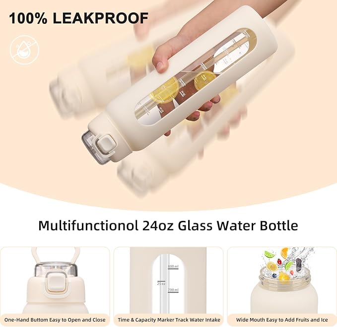 chunmo 24 oz Glass Water Bottles with 2 Lids-Handle Spout Lid & Straw Lid, Motivational Water Bottle with Time Marker and Silicone Sleeve,Leakproof-White-1 Pack