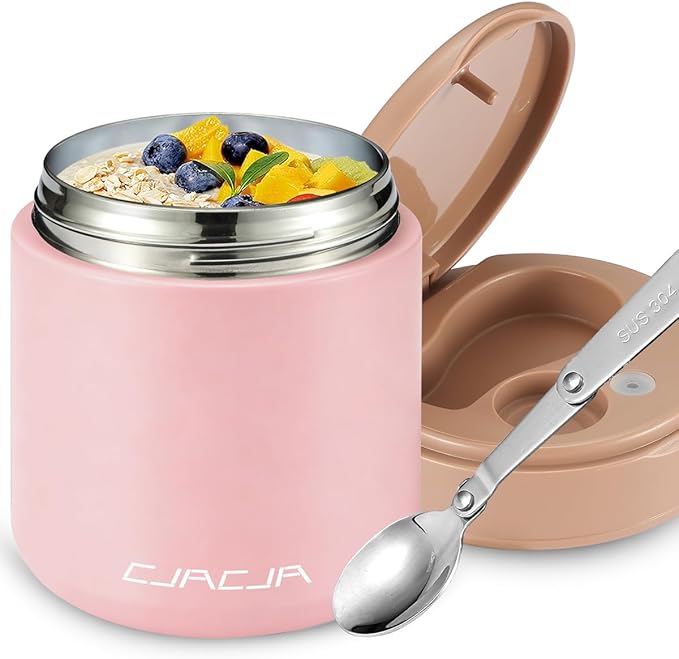 Insulated Food Jar for Kids - 15.2 Oz, Thermo for Hot Food, Soup Thermo, Insulated Food Container, Termos Para Comida Caliente, Width Mouth Stainless Steel Lunch Box with Spoon, Pink