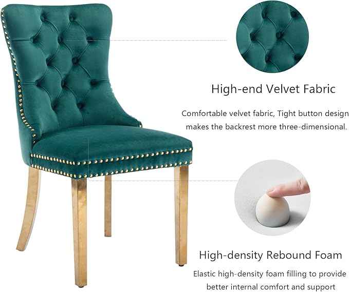 Velvet Dining Room Chairs Set of 4, Upholstered Dining Chairs with Back Ring Pull Trim and Golden Stainless Steel Legs,Modern Dining Chair Perfect for Dining Room,Living Room,Kitchen(Green)