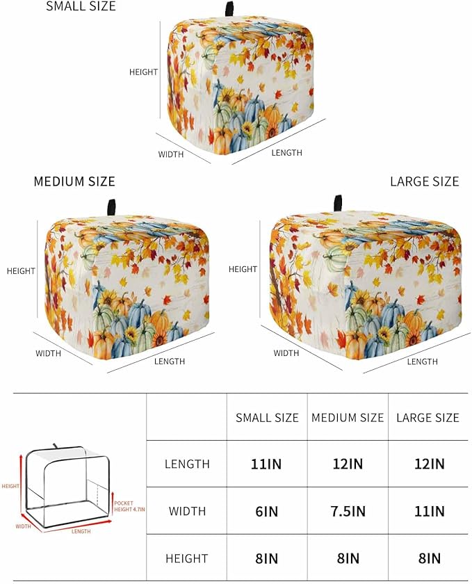 Thanksgiving Fall Toaster Cover 2 Slice, Blue Green Orange Pumpkins Dustproof Bakeware Oven Protector with Top Hook, Maple Leaf Waterproof Small Kitchen Appliance Toasters Dust Cover, 12"x7.5"x8"