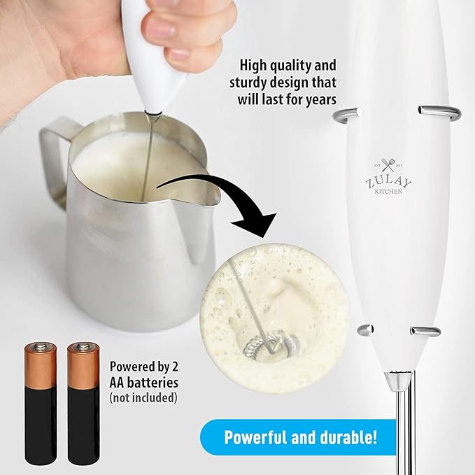 Zulay Premium Gift Milk Frother Set – Handheld Coffee Frother with Stand, 12oz/350ml Frothing Pitcher + 4 Latte Art Stencils – 13,000 RPM Motor, SS Whisk, Battery Operated – Barista Kit (White)