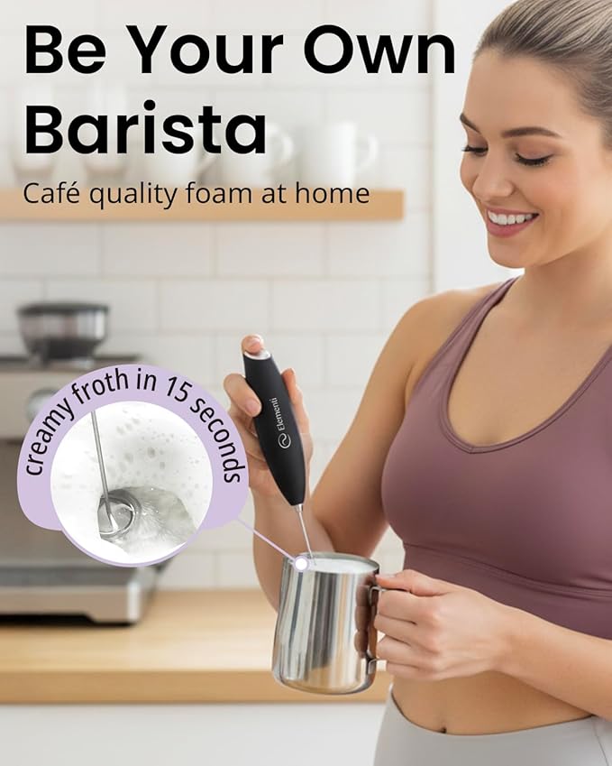 Elementi Electric Milk Frother Handheld - Create Creamy Coffee, Delicious Matcha and Perfect Drinks - Compact Whisk & Mixer with Stand (Pastel Blue)