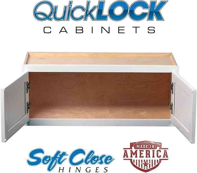 Quicklock RTA (Ready-to-Assemble) 42" Tall Wall Kitchen Cabinets - Shaker Style | 100% Hardwood | Made in America | Soft Close Hardware (Pure White, 12" D x 36" W x 24" H)