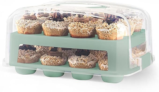 MosJos EXTRA TALL DOME 24 Cupcake Carrier, Green Cupcake Holder Carries 24 Cupcake Storage Container, Muffin Traveler Two Tier Stand Reusable Cupcake Box