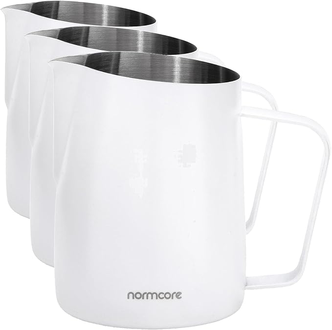 Normcore Milk Pitcher with Sharp Spout - Espresso Steaming Pitcher - Milk Frothing Jug - Espresso Barista Tool - Non-stick coating White - 20.3 oz (600 ml) (Pack of 3)