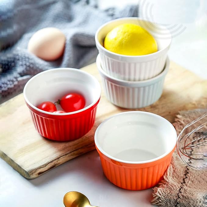 Ramekins 6oz Oven Safe,Creme Brulee Ramekin and Souffle Dishes,Porcelain Baking Bowls,Dipping Sauce Dish.Pudding Cups,Set of 6, White