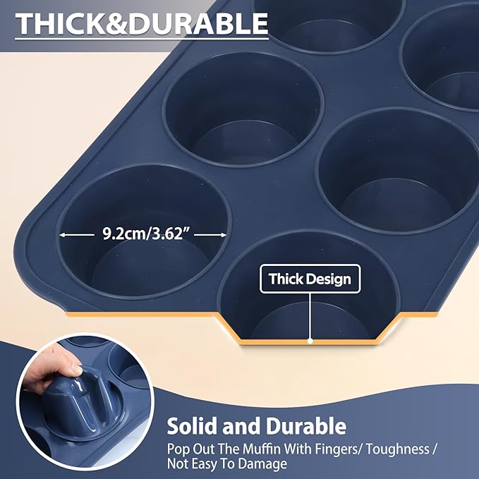 2 Pack Jumbo Silicone Muffin Pan with Metal Frame, Non Stick Silicone Cupcake Pan with Handles 6 Cup, BPA Free Silicon Muffin Tin Tray Extra Large for baking, egg bites, Cupcake Mold Grey