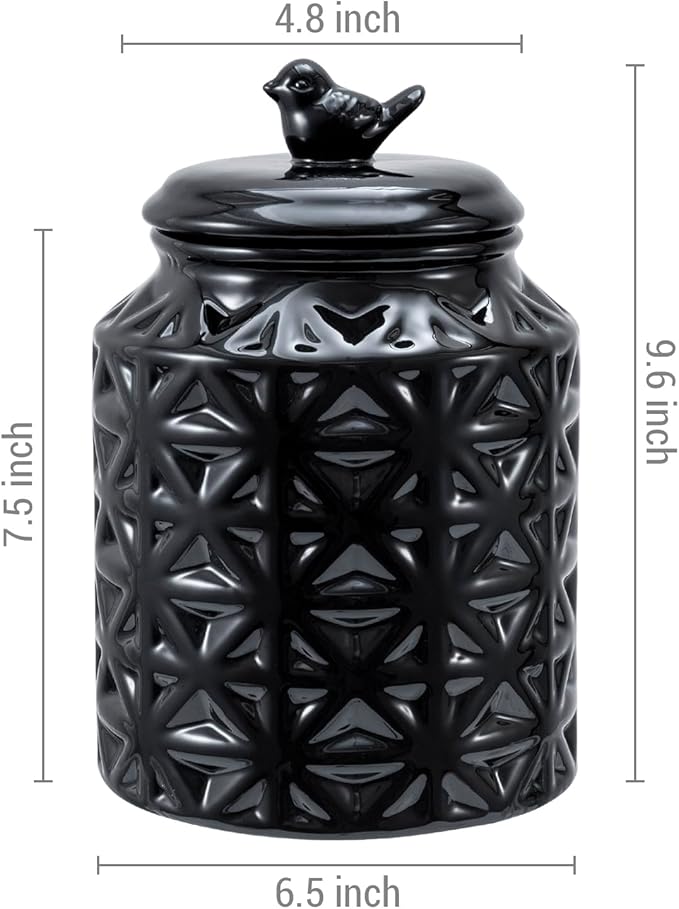 MyGift 6 Inch Round Black Ceramic Cookie Jar with Airtight Lid and Bird Shape Top Handle, Vintage Style Kitchen Canister with Embossed Geometric Star Pattern