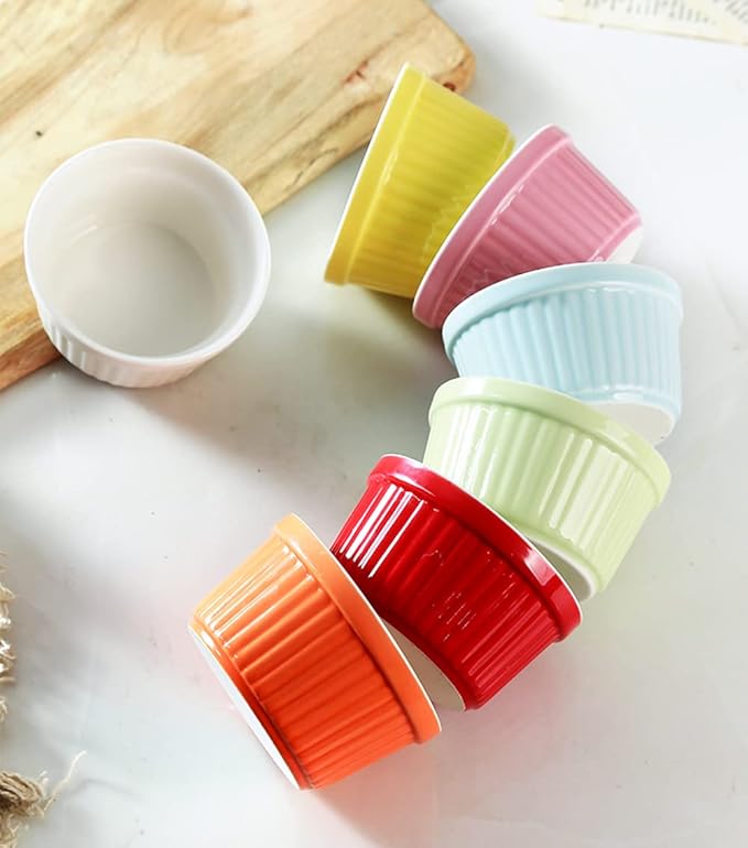 Ramekins 6oz Oven Safe, Creme Brulee Ramekin and Souffle Dishes, Porcelain Baking Bowls, Dipping Sauce Dish.Pudding Cups, Set of 6, Blue.