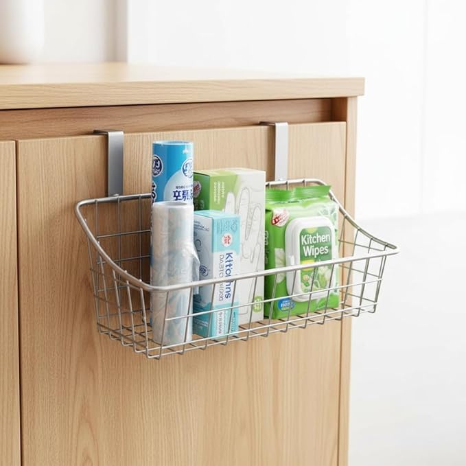 LeleCAT Basket with hook Grid Storage Basket,Hang it behind a door or on a railing,Over the Cabinet Door,Champagne Gray,2 Pack