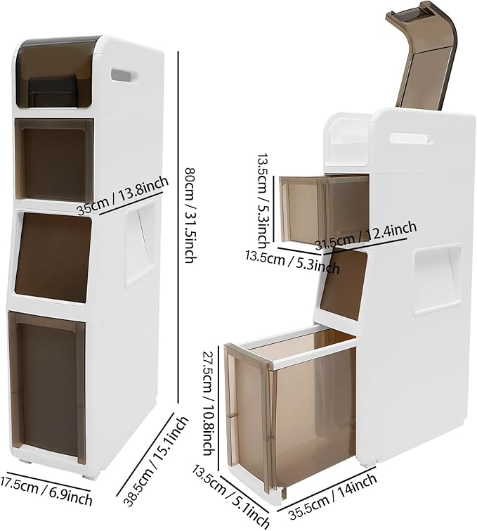 Slim Waterproof Narrow Bathroom Cabinet with Trash Bin Compact Design with Drawers and Toilet Paper Holder Movable Bathroom Organizers for Small Spaces (4Tier/31.5in H)