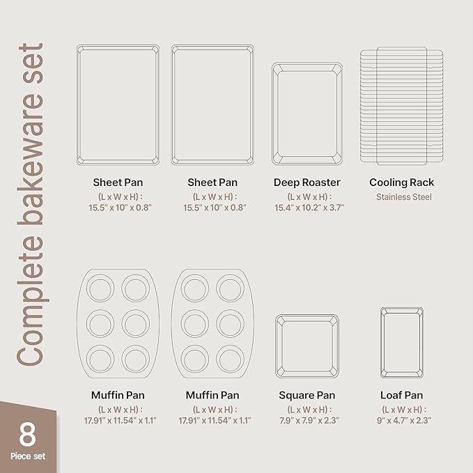 BAKKEN Kitchen Baking Pan Set - Nonstick Coating, Carbon Steel Bakeware Sets with Blue Silicone Handles, Baking Kitchen Essentials, PFOA, PFOS, PTFE Free, Oven Safe Tray (Up To 450° F), Set of 8
