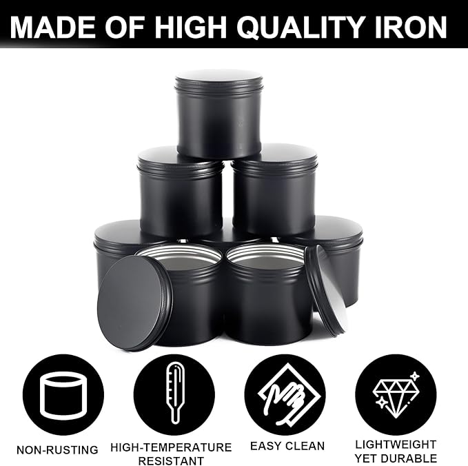 OBKJJ Black Candle Jars 10 oz Matte Tins 24 PCS Metal Candle Containers with Lids Bulk Candle Containers for Balms, Salve, Spices, Beard Balm, Crafts with 4 Markers 6 Sheets Label Stickers (Pack of 2)
