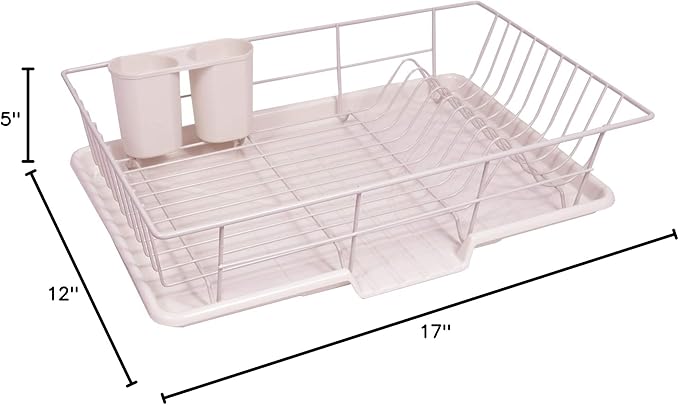 Space-Saving 3-Piece Dish Drainer Rack Set: Efficient Kitchen Organizer for Quick Drying and Storage - Includes Cutlery Holder and Drainboard - Maximize Countertop Space, Pale Pink