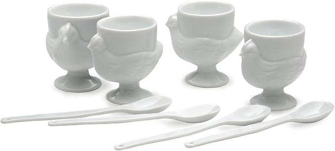 RSVP International Kitchen Accessories Collection Soft Boiled Egg, White Porcelain, Cup & Spoon Set, 8 Piece