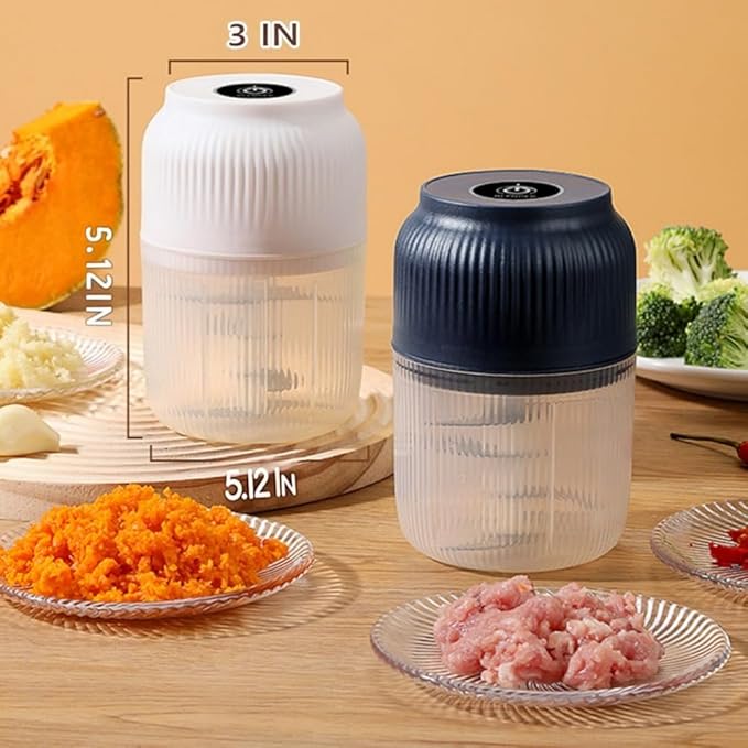 300ML USB Rechargeable Electric Garlic Chopper, Mini Portable Veggie Cutter with Eggbeater&4/6 Knife Heads, Veggie Chopper with Container and Lid, Vegetable Crusher (White B)