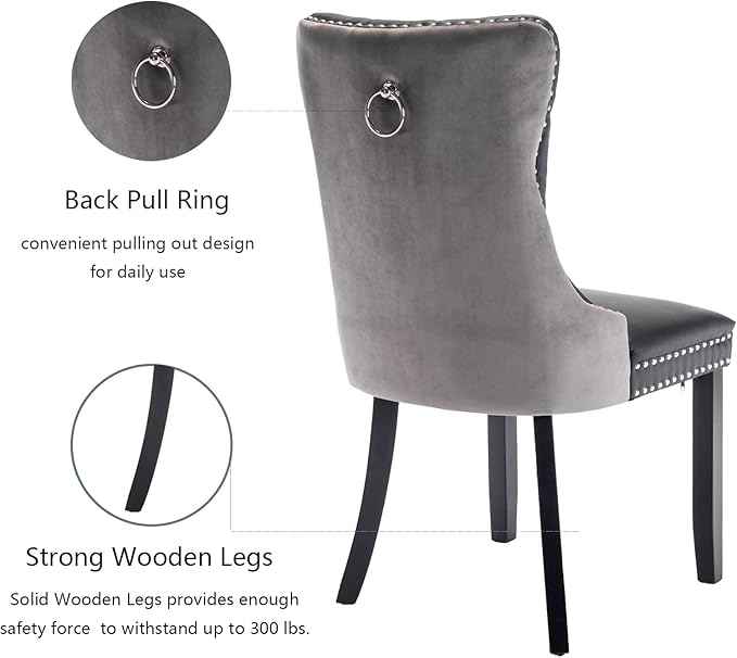 Dining Chairs Set of 6, Upholstered Dining Room Chairs with Back Ring Pull Trim and Solid Wood Legs, Modern Tufted Kitchen Chairs Perfect for Dining Room, Black Pu Leather Splicing Grey Velvet