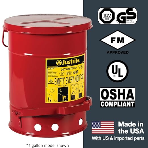 Justrite 21 Gallon Galvanized Steel Oily Waste Can, 23.5" x 18" Metal Oil Rag Safety Can with Foot Operated Self-Closing Lid for Oil Rag Disposal, Made in The USA, Red, 09700