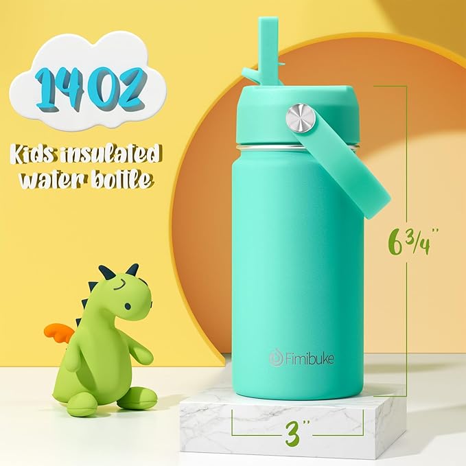 Fimibuke Kids Insulated Water Bottle, 14oz BPA FREE 18/8 Stainless Steel Travel Tumbler Double Wall Vacuum Leak Proof Kids Cup with Straw Metal Water Bottle for School Boys Girls(1 Pack, Turquoise)