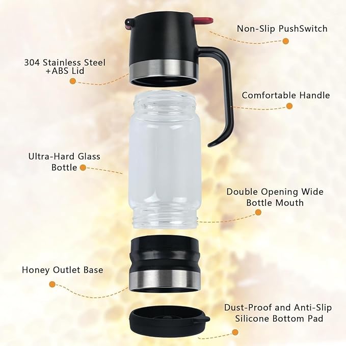 Honey Dispenser No Drip with Base 2026 New Upgrade, 12OZ Glass Honey Jar pot with Handle, Syrup Dispenser for Coffee or Tea, Mess Free Honey Dispenser for Honey and Syrup (Black)