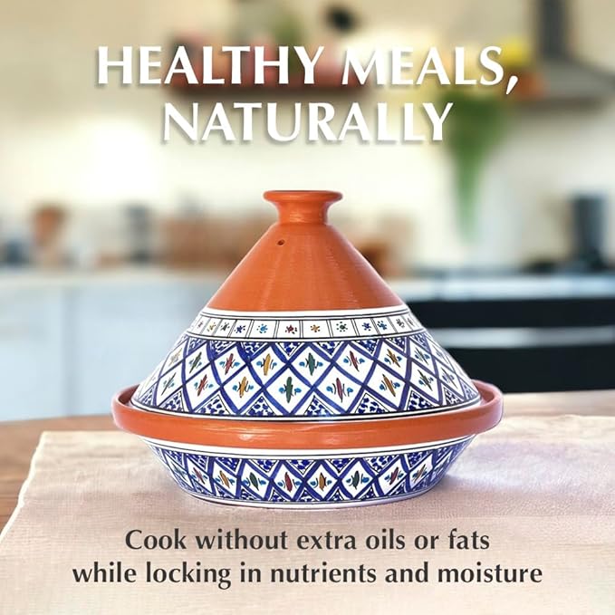 Kamsah Tagine Pot for Cooking and Flavor Enrichment - Large Clay Pot 12”, 5.5 QT - Non-Stick Handmade Cookware - Moroccan Ceramic Pots for Cooking with Lid & Serving Bowl - Bohemian Supreme Blue
