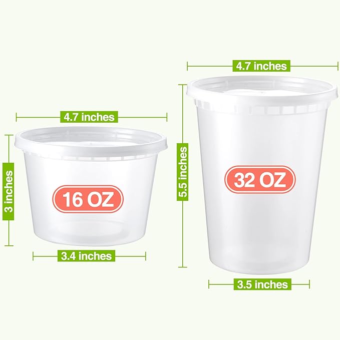 NEEBAKE 50 Set Deli Containers With Lids: [16oz 32oz] Combo Plastic Food Storage, Microwaveable & Freezer Safe To-Go, Leak-proof Meal-Prep