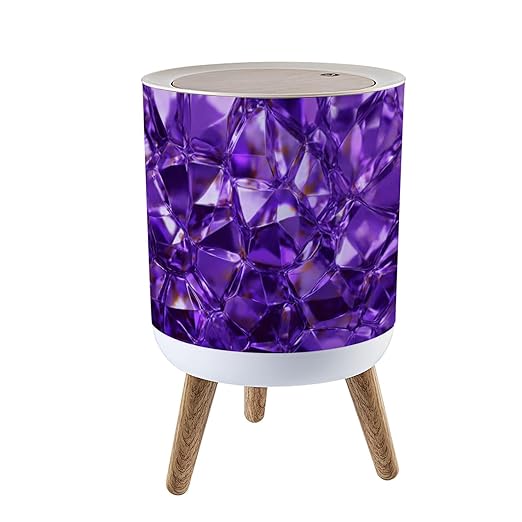 Trash Can with Lid Ultra Violet Crystal Diamond Amethyst Abstract Magic Shiny Dark Purple Press Top Round Small Garbage Bin with Wooden Legs Waste Basket for Kitchen Bedroom Nursery 7L/1.8 Gallon