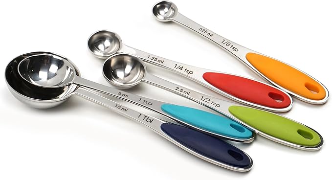 RSVP International Endurance Kitchen Collection Measuring Tools, Dishwasher Safe, Colored Handles, 5 Piece, Stainless Steel