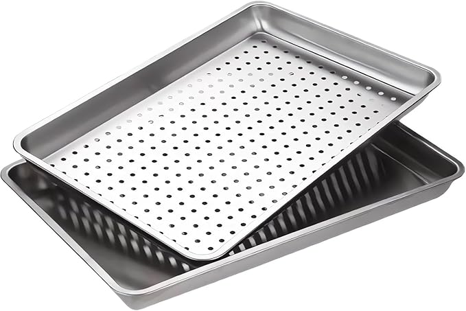 2-Pack Large 304 Stainless Steel Baking Pan Set (19.5"x13.5") - Non-Toxic Heavy Duty Commercial Grade Deep Sheet Pan, 1 Solid & 1 Perforated Pans for Roasting, Defrosting, Draining, Cooling