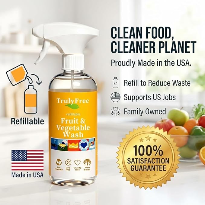 Truly Free Fruit and Vegetable Wash - Veggie Wash Removes 99% of Dirt & Wax | Plant-Based Produce Cleaner Spray | No Aftertaste, Refillable, Made in USA | Fragrance-Free, 16oz