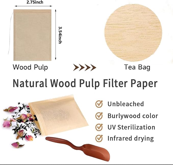 Tea Filter Bags with Free Tea Spoon, Safe & Natural Material, Disposable Tea Infuser for Loose Leaf Tea, Coffee, Spice, Herbs (200 PCS)