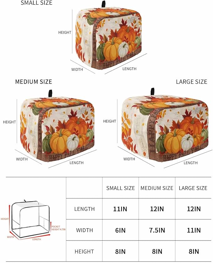 Orange Pumpkins Fall Toaster Cover 2 Slice, Thanksgiving Maple Leaf Dustproof Bakeware Oven Protector with Top Hook, Autumn Retro Waterproof Small Kitchen Appliance Toasters Dust Cover, 11"x6"x8"