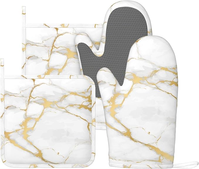 Luxury Marble White Gold Oven Mitts and Pot Holders Sets of 4, Heat Resistant Silicone Oven Mittens and Potholders Gloves Hot Pads for Kitchen Cooking Baking Grilling BBQ Chef