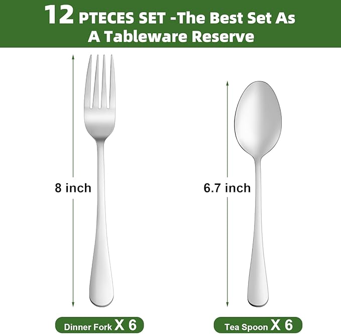 12 Pcs Forks and Spoons Silverware Set, Food Grade Stainless Steel Flatware Cutlery Set for Home, Kitchen and Restaurant, 6 Dinner Fork(8") and 6 Teaspoon(6.7"), Mirror Polished, Dishwasher Safe