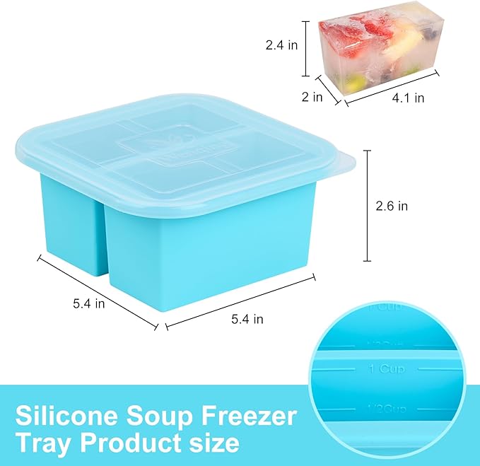 Silicone Freezer Tray with Lid 2 Pack Silicone Freezer Molds Ice Cube Tray Makes 4 Perfect 1 Cup Portions Soup Cubes Meal Prep Containers- Oven & Dishwasher Safe