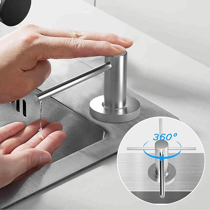 Long Spout Kitchen Sink Soap Dispenser for Granite & Quartz Countertop - Brushed Nickel Stainless Steel Finished - Wide Flange Provides Great Coverage on American Standard Sink Holes