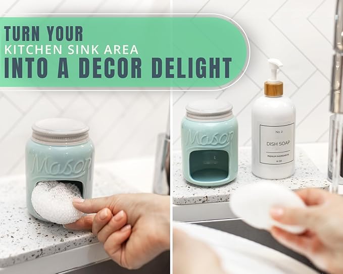 Comfify Ceramic Sponge Holder – Aqua Blue Farmhouse Sink Caddy – Mason Jar Kitchen Accessory – Includes Free Sponge