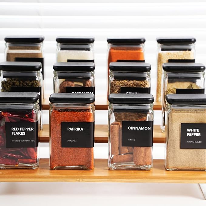 APT 1101 Glass Storage Jars with Bamboo Lid, glass canisters with airtight lids, Clear jars with lids for Spice, Cookie, Candy, Tea, Coffee Bean and Rice (Black, Spice Jar Set (4 oz, set of 12))
